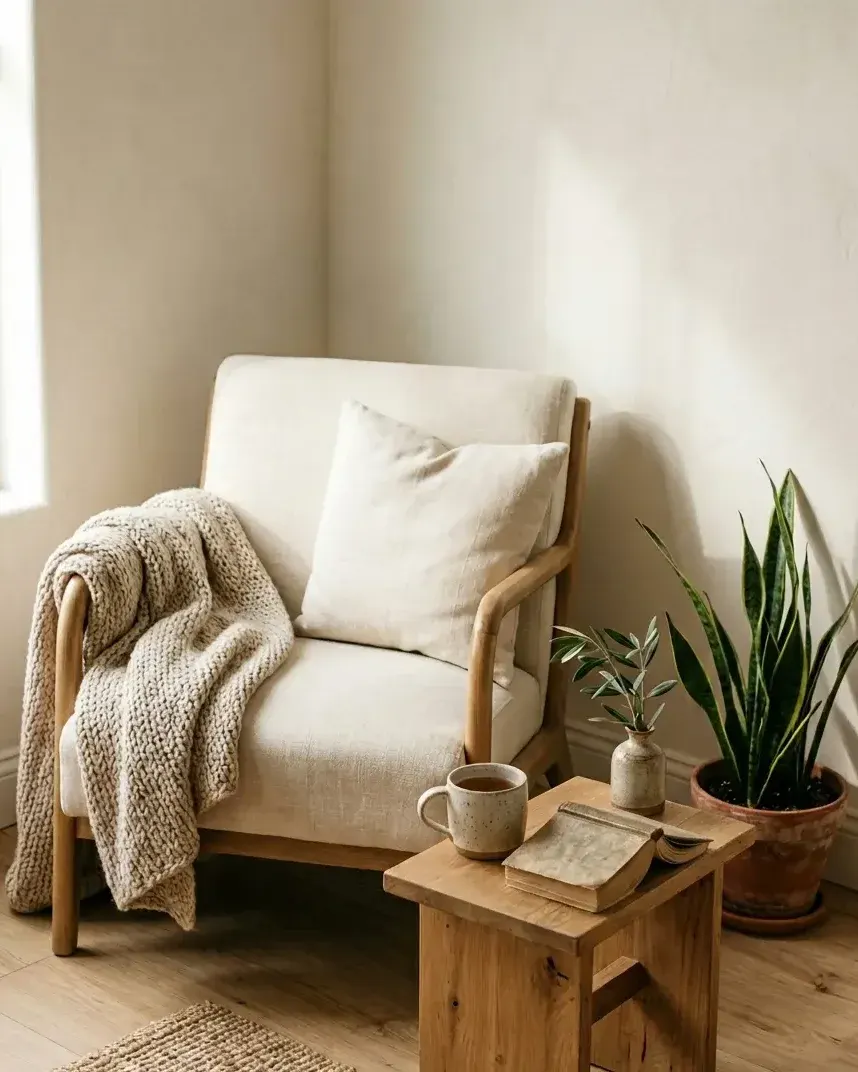 A small bedroom at dusk with a sand-coloured washed linen duvet, a soft upholstered headboard, a single warm table lamp on a low oak nightstand, and heavy linen curtains drawn — calm, layered, lived-in