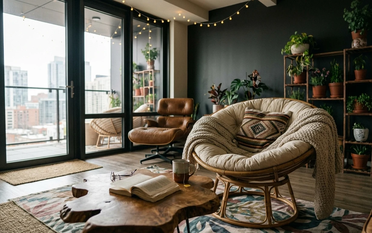 Boho living room seating corner with rattan papasan chair, layered rugs, string lights, and terracotta planters