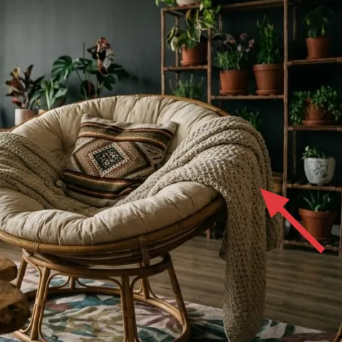 throw blanket draped over papasan chair