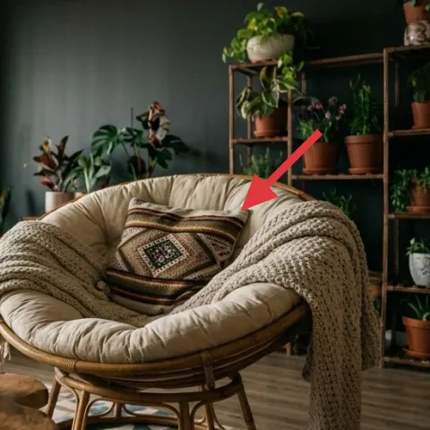 decorative throw pillow on papasan chair