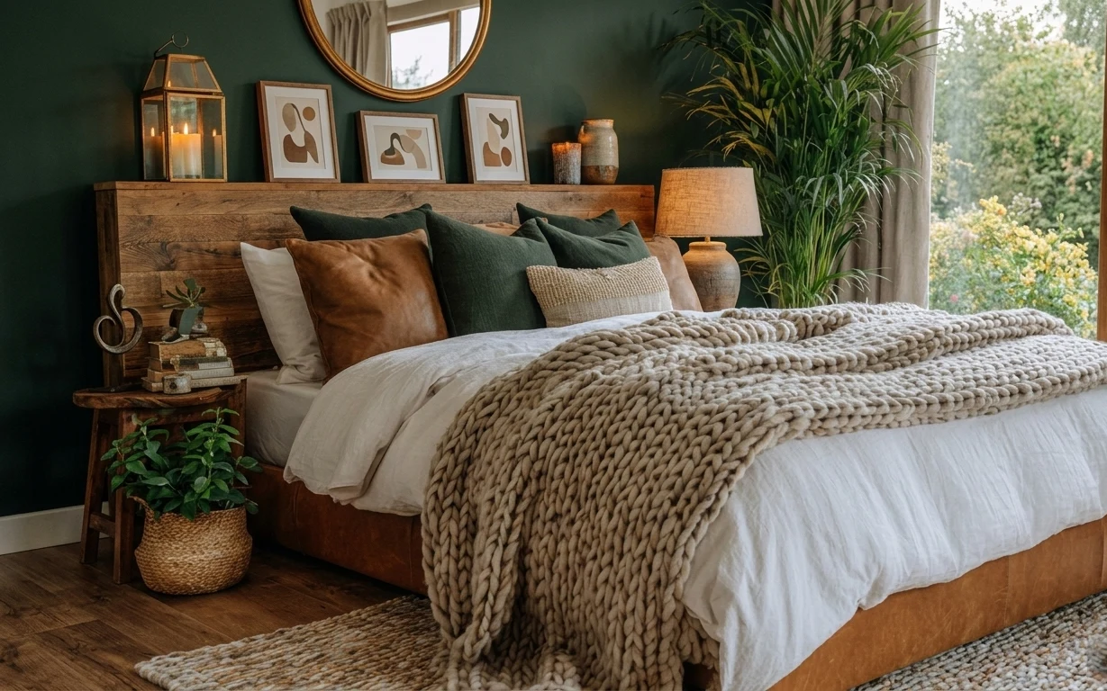 Warm bedroom with deep green wall, chunky knit throw, framed abstracts, round mirror, table lamp, and potted plants by a window