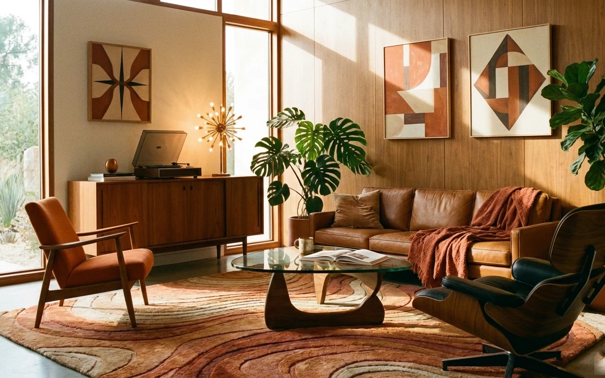 Warm living room with leather sofa, rust throw, glass coffee table, wood sideboard, framed geometric prints, and monstera plants