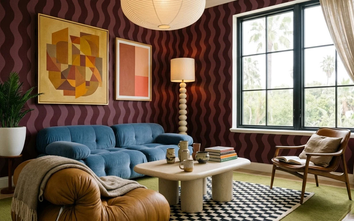 Maroon patterned wall living room nook with cobalt sofa, checkered rug, framed abstract art, cream table lamp, and beige curtains