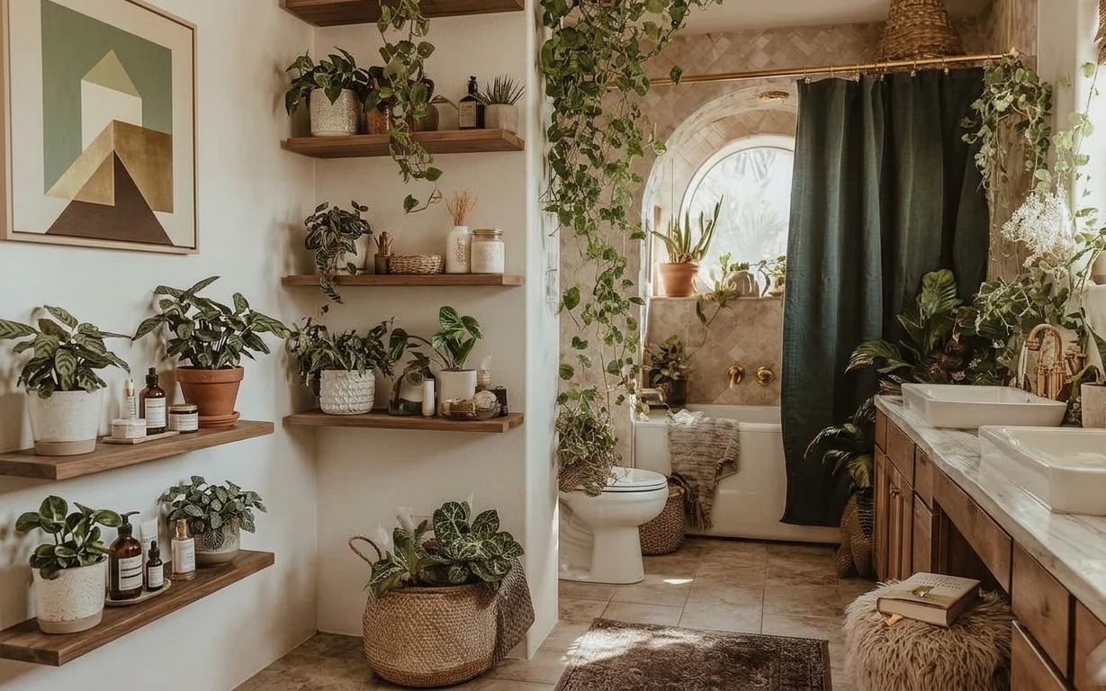 Botanical bathroom with cream tile, dark green shower curtain, arched mirror niche, plants on shelves, and warm terracotta accents