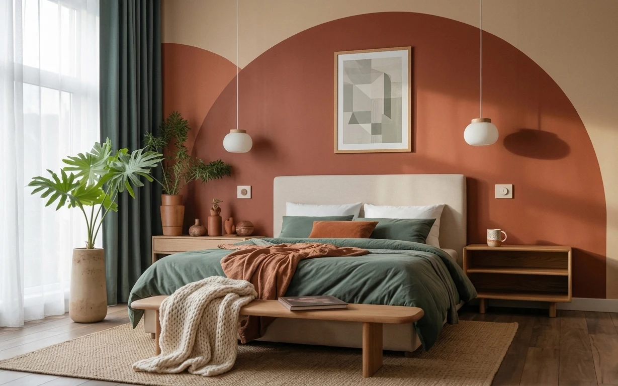 Sage green bed with rust pillow, jute-look rug, dark green curtains, terracotta wall, framed abstract print, and ceramic decor.