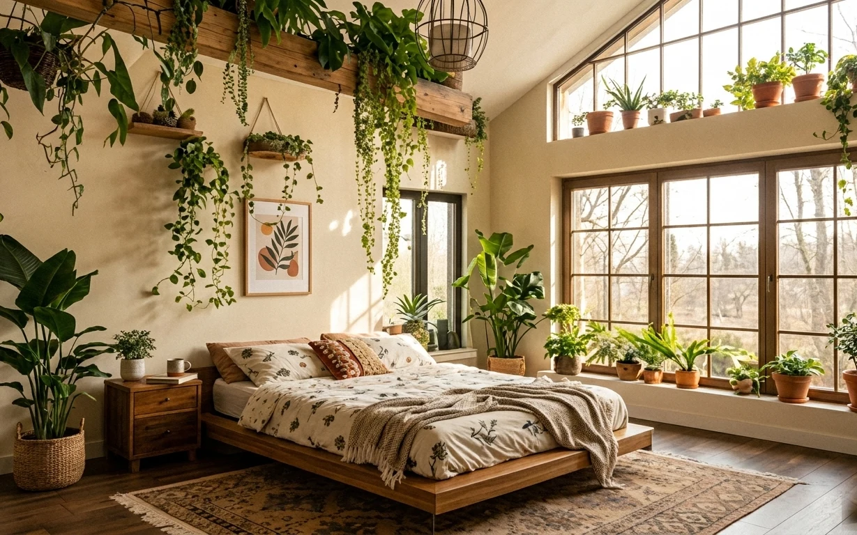 Plant-filled bedroom with wood bed frame, patterned pillows, fringed rug, framed botanical art, and terracotta planters in a bright window wall.