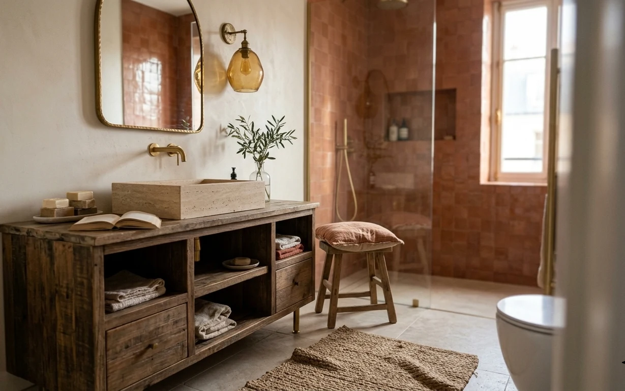Warm earthy bathroom with gold mirror, brass sconce, wood vanity, olive plant, and rectangular bath mat rug
