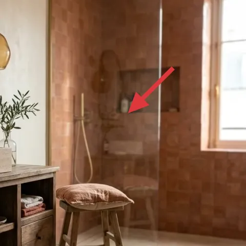 small glass bottle on vanity