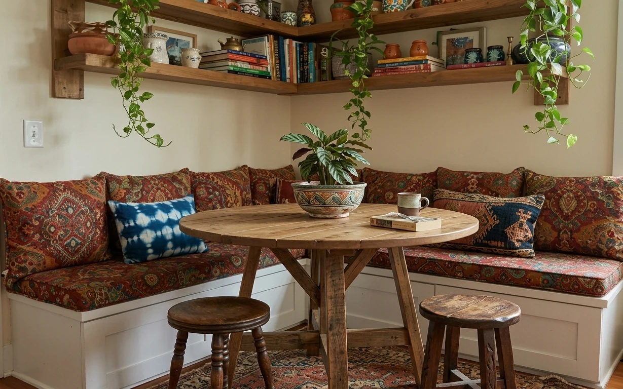 Daybed nook with rust-and-cream patterned pillows, blue tie-dye cushion, wooden coffee table, rug, and trailing vines on floating shelves