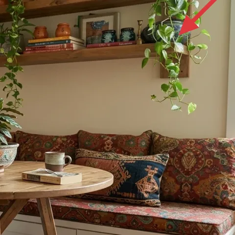trailing green vine garland across the shelves