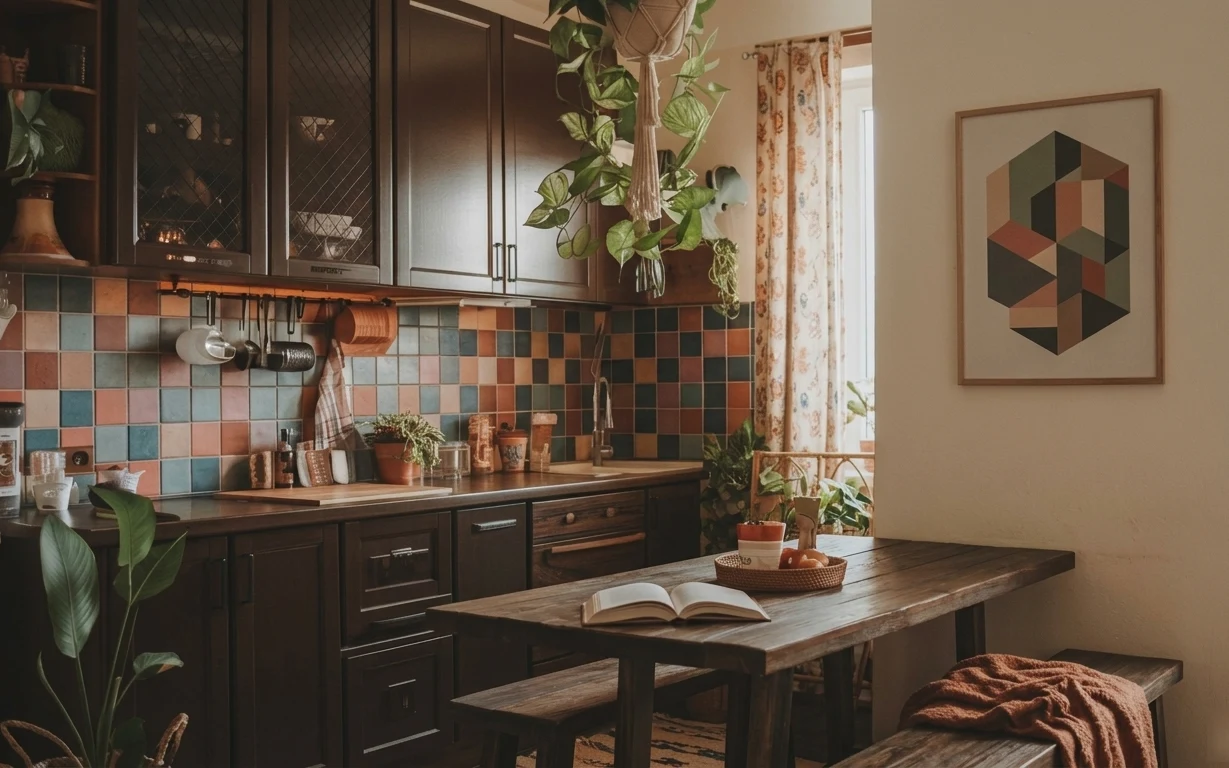 Warm kitchen nook with dark cabinets, multicolor tile backsplash, floral curtains, framed geometric art, plants, and a wood table