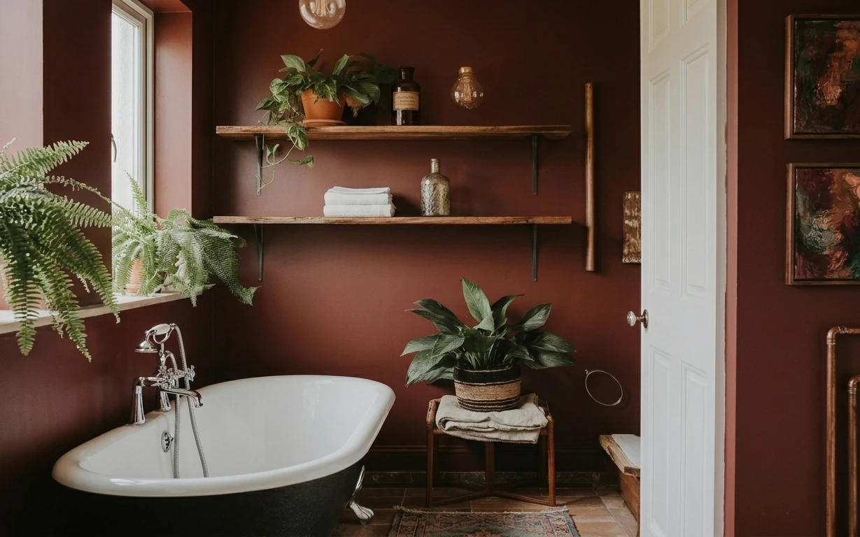 Warm terracotta bathroom nook with freestanding tub, pendant light, terracotta walls, framed abstract art, rug, towels, and plants