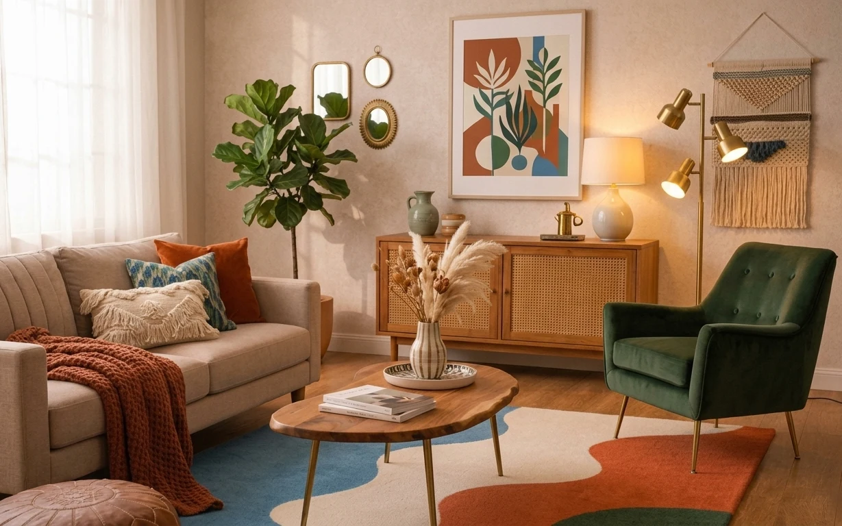 Boho-modern living room with sage chair, abstract rug, round coffee table, brass floor lamp, framed botanical art, and macramé wall hanging