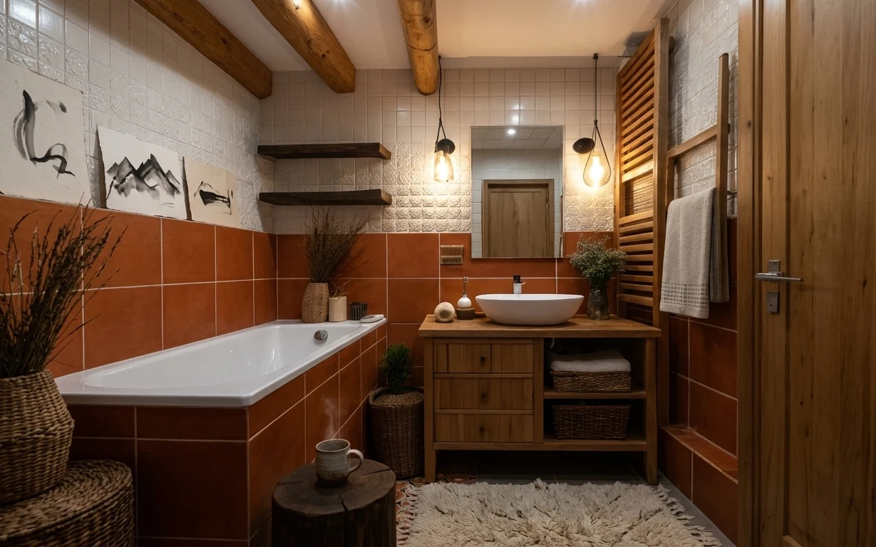 Warm terracotta and cream bathroom with vanity, abstract wall art, hanging towels, pendant lights, and a bath rug.