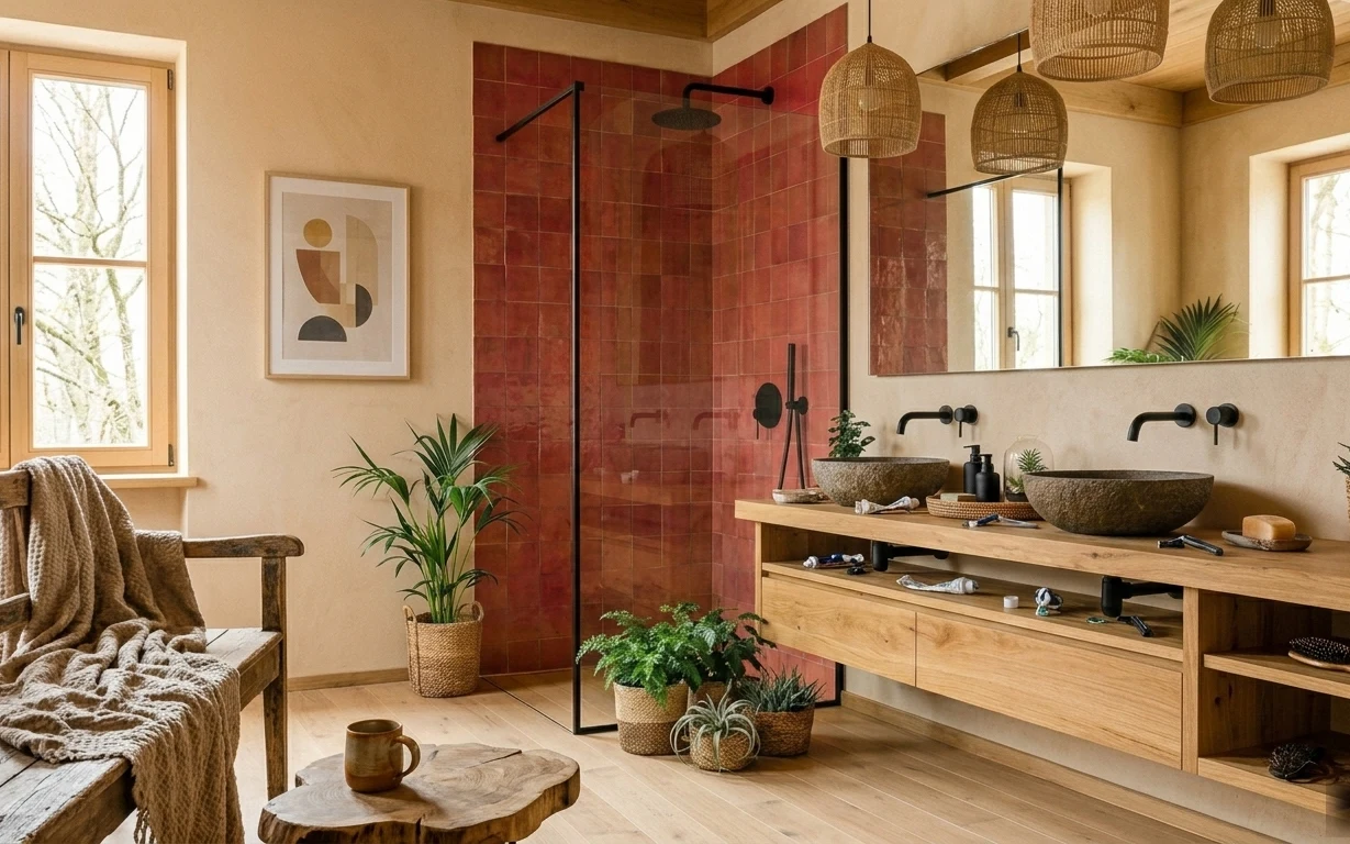 Warm modern bathroom with terracotta shower tile, double vanity, long mirrors, rattan pendant lights, and potted plants