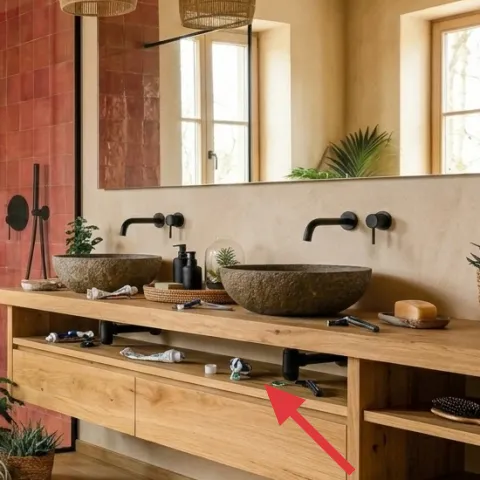long wood vanity with drawers