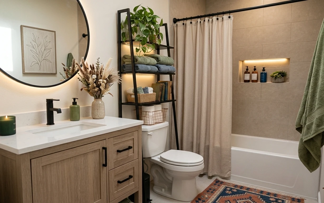 Cream shower curtain, green towel, patterned bath rug, vanity and freestanding ladder shelf in a bright bathroom corner