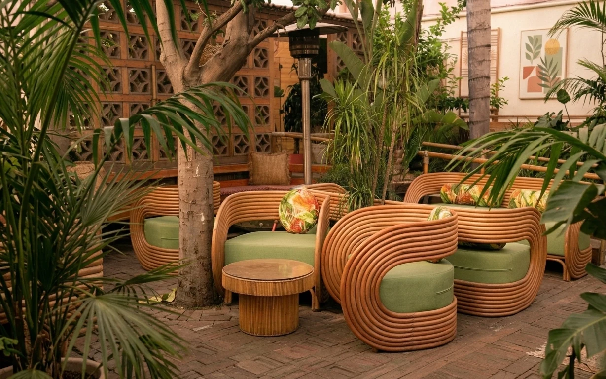 Terracotta rattan patio seating with olive cushions, black outdoor lamp, framed botanical print, and lush potted palms