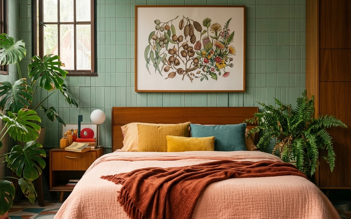 Green tiled bedroom with warm wood bed, terracotta throw, mustard and teal pillows, globe lamp, framed botanical art, and large monstera.