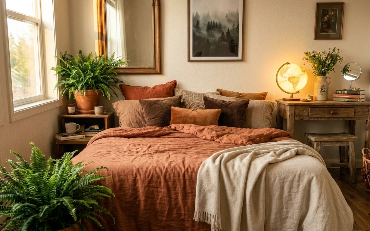 Rust linen duvet with oatmeal throw, globe lamp, arched mirror, terracotta ferns, and a flower vase on a console in a warm bedroom