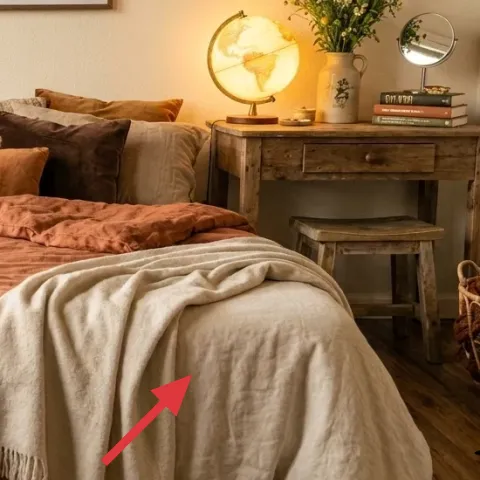 light oatmeal throw blanket draped on bed
