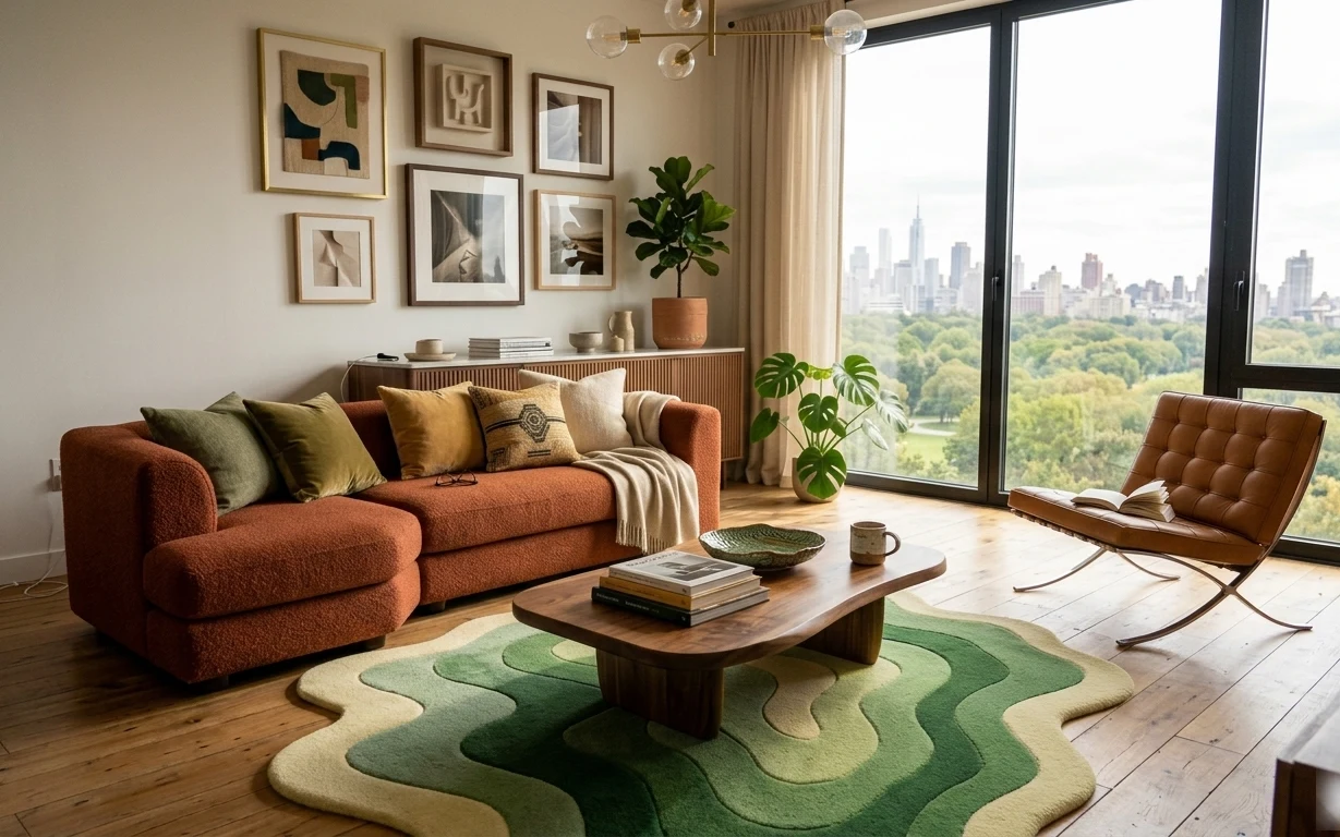 Bright living room with brown sofa, green-and-cream rug, gold framed art, terracotta plant pot, and beige curtains by a window