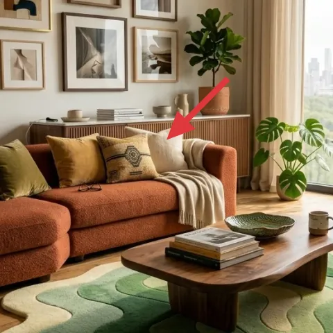 throw pillows in green, tan, and cream