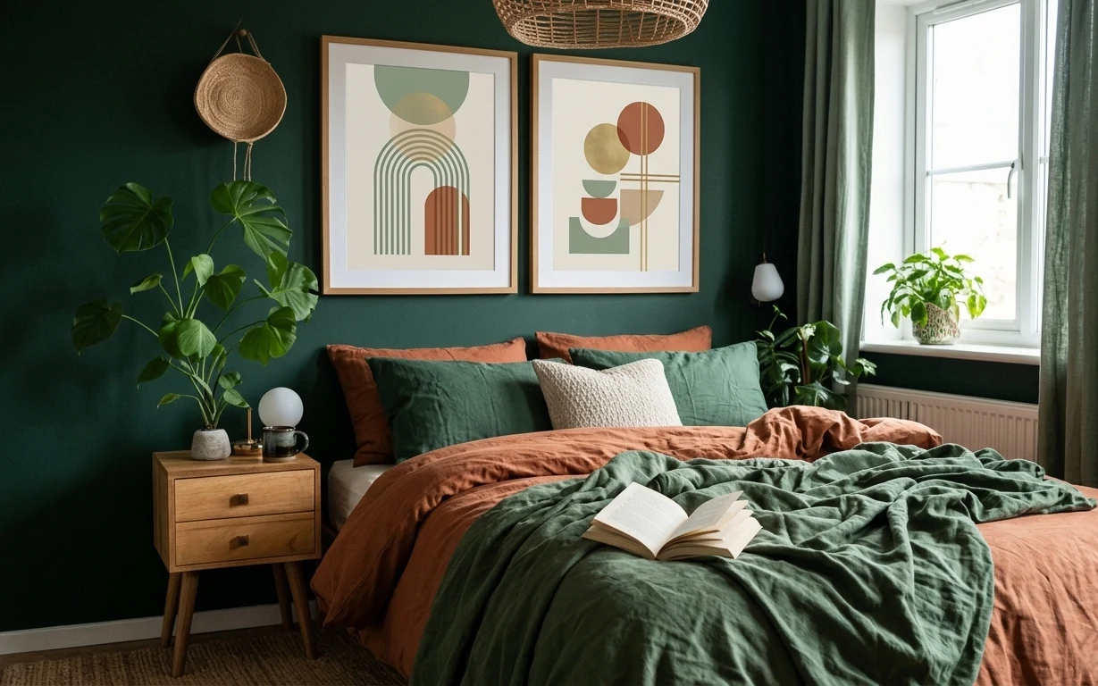Earthy bedroom with deep green wall, rust duvet, framed prints, leafy plants, curtains, and a bedside lamp