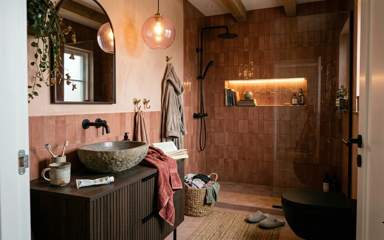 Warm terracotta bathroom with copper pendant light, tiled shower area, woven floor rug, and styled towels on a vanity corner.