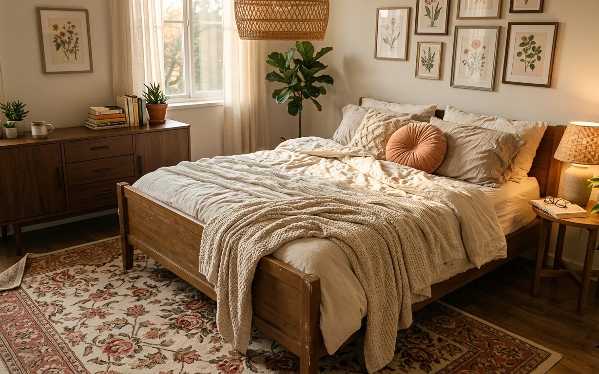 Warm walnut-and-cream bed nook with wooden bed, vintage rug, woven throw, plug-in lamp, curtains, and botanical frames