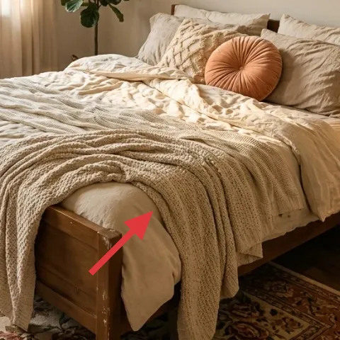 woven throw blanket draped across bed
