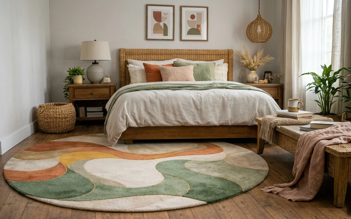 Earth-toned bedroom with abstract rug, woven bed back, framed prints, warm lamp, and light beige curtains