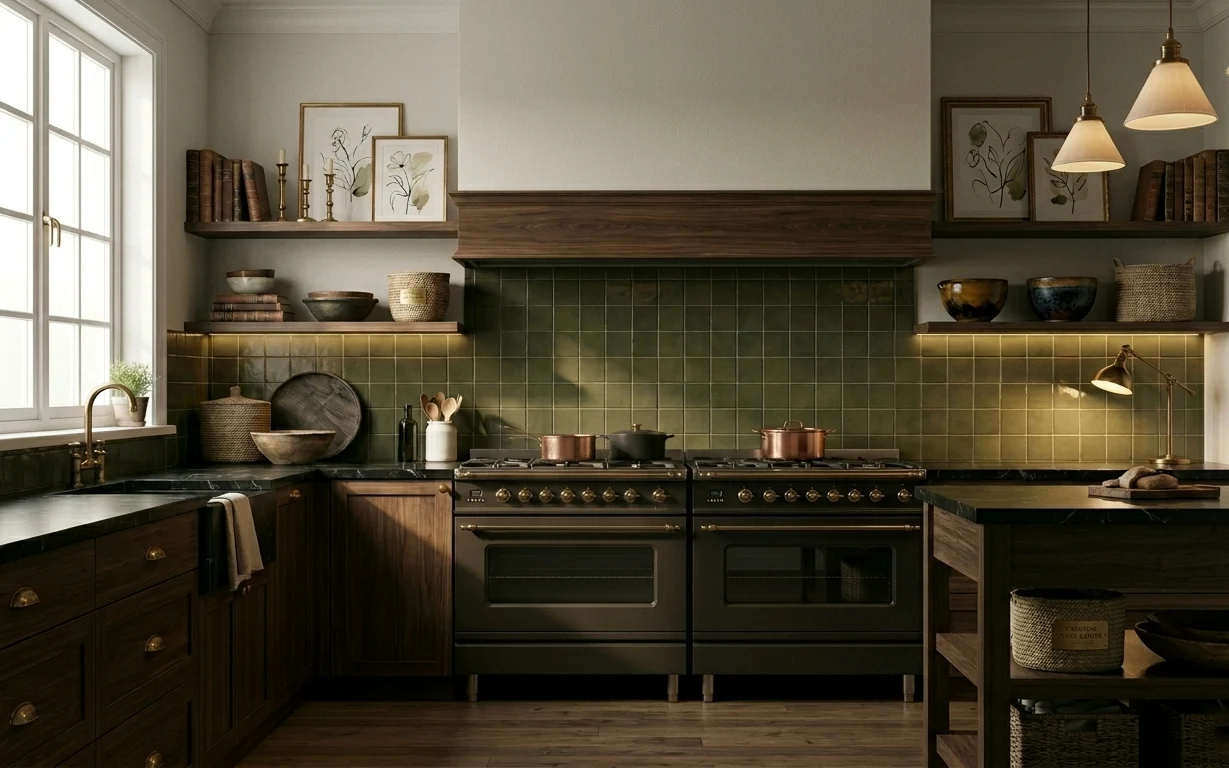 Galley kitchen with dark wood cabinetry, green tile backsplash, copper cookware, shelves with bowls and framed botanicals