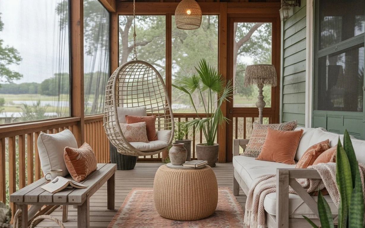 Boho covered porch seating with hanging rattan chair, patterned rug, woven pouf, and potted plants
