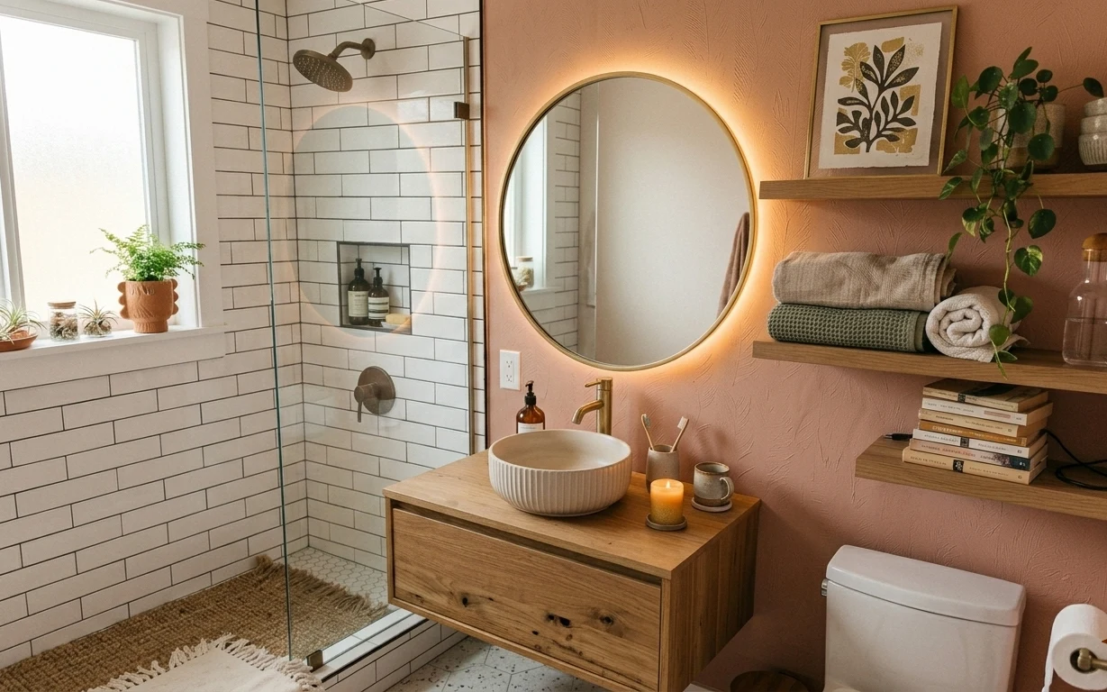 Warm terracotta bathroom vanity corner with round mirror, wood shelves, towels, candle, and tiled shower wall