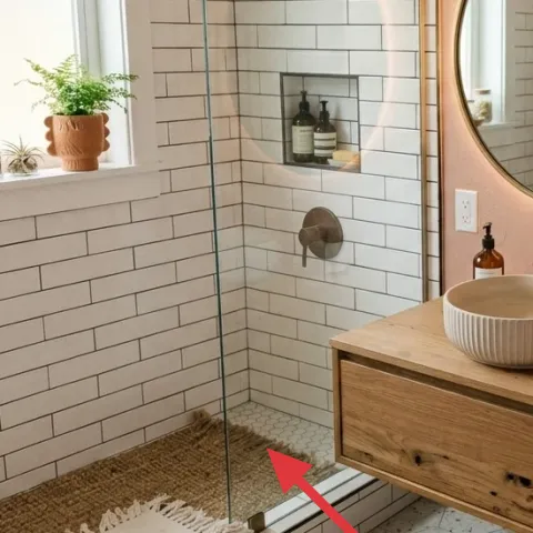 small textured area rug near shower