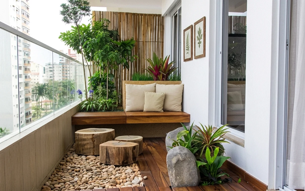 Bright balcony nook with wood bench, cream cushions, pebble gravel, leafy potted plants, sheer curtain, and framed botanical prints