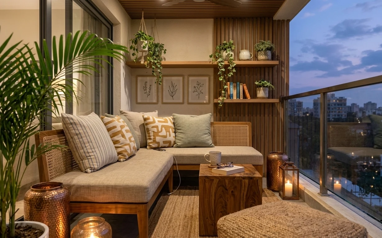 Cozy balcony lounge with L-shaped sofa, large rug, wood coffee table, lantern candle light, shelves, and hanging plants