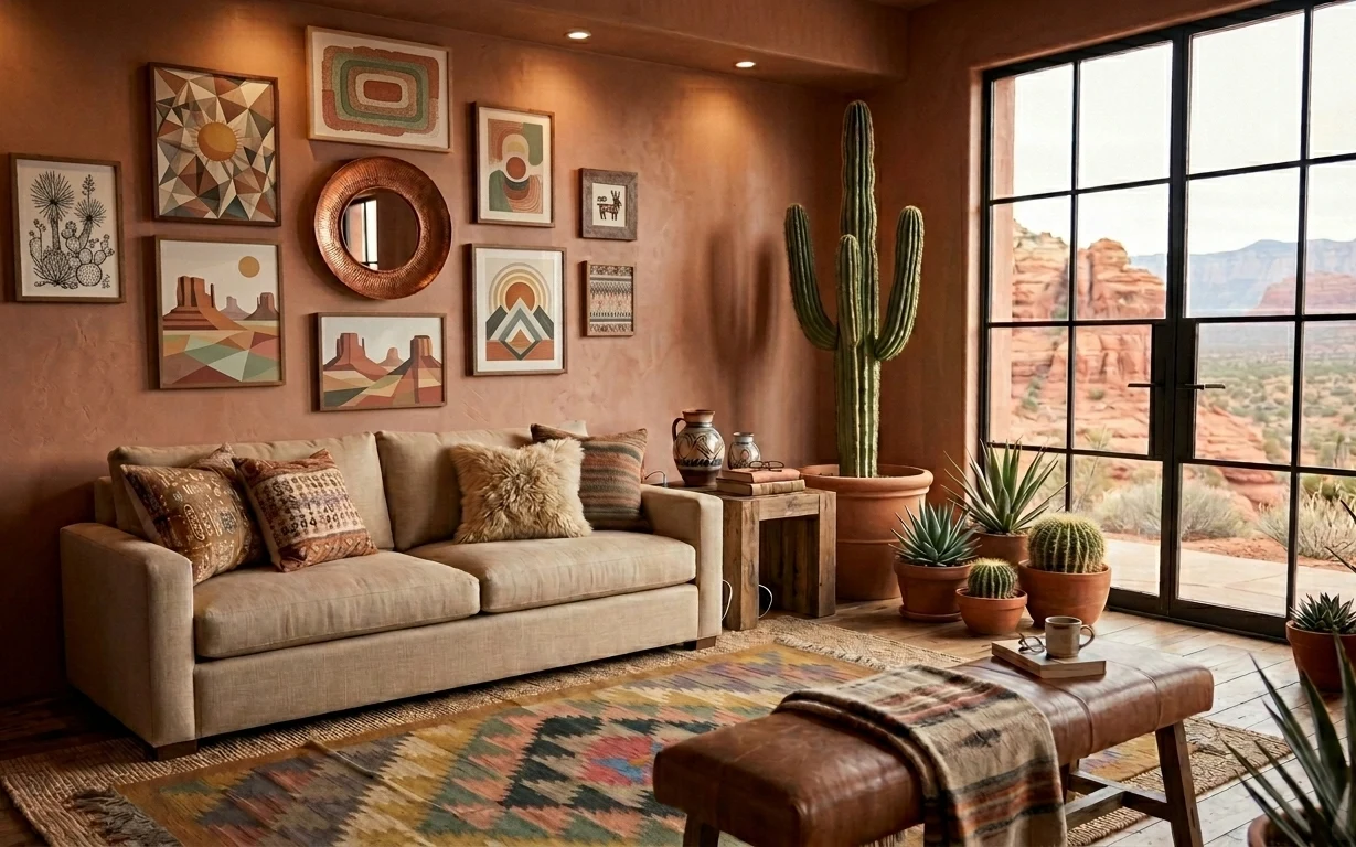 Boho desert living room with woven rug, framed wall art, round woven mirror, and terracotta cactus pots by a large window