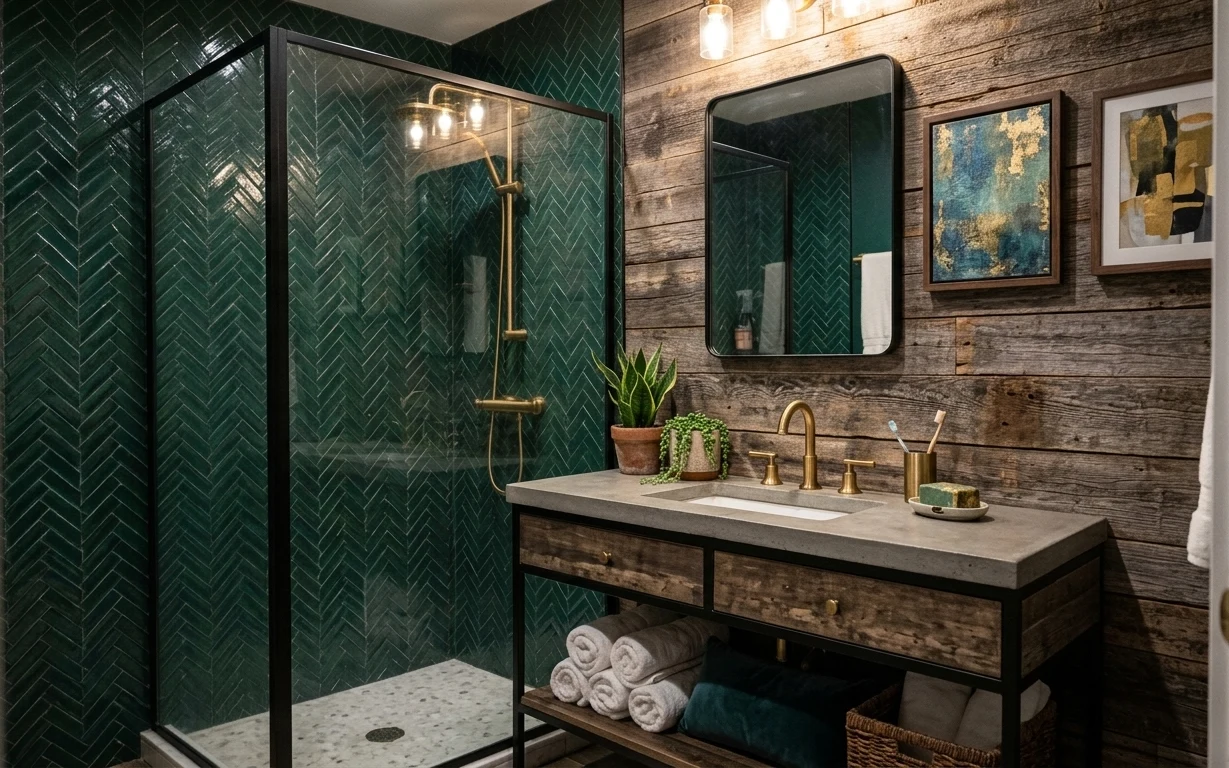 Spa bathroom with deep green herringbone tile, warm wood walls, brass fixtures, framed art, and styled vanity countertop