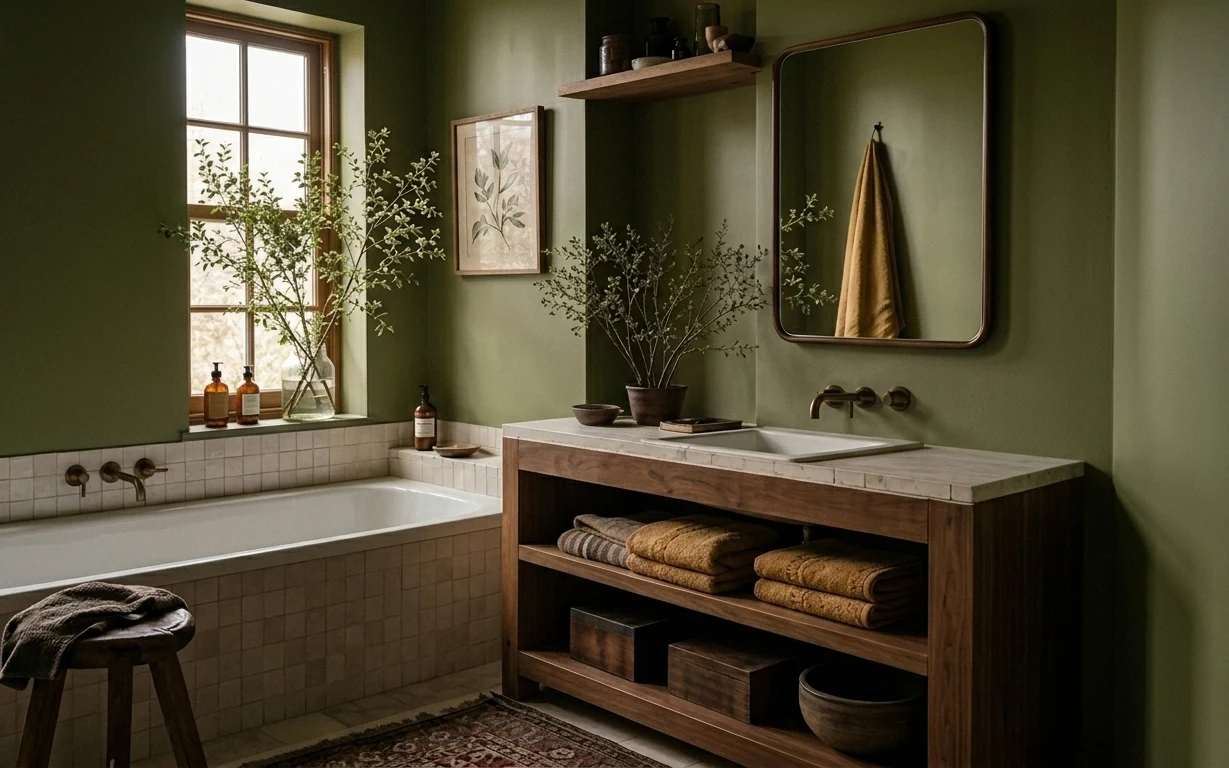 Bathroom vanity corner with olive-green walls, arched mirror, wood cabinet shelves, framed botanical print, plant stems, and tiled tub