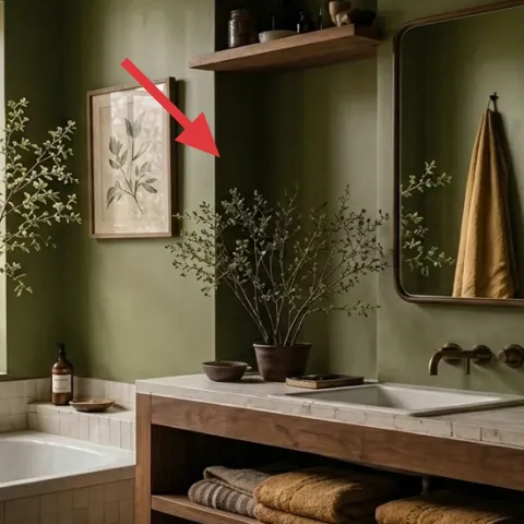 Rectangular framed botanical print above the vanity