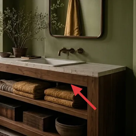 Wood bathroom vanity with open shelves