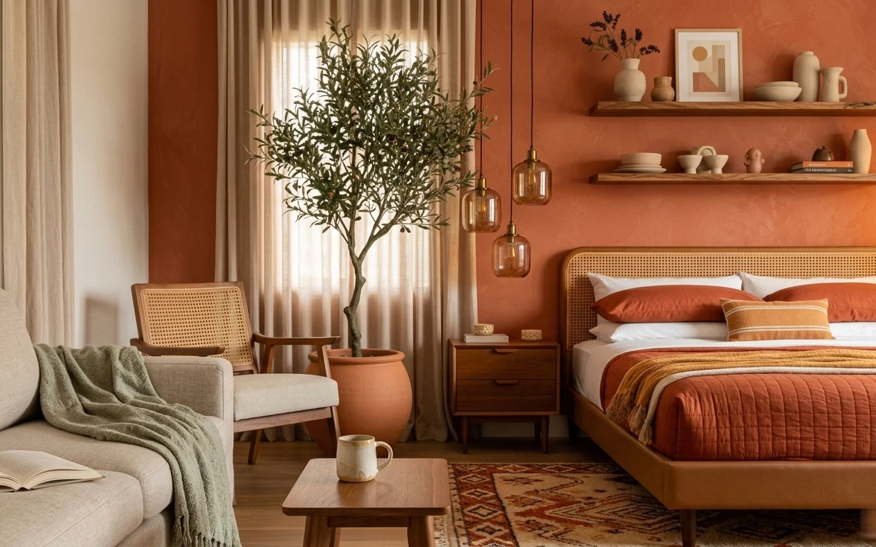 Warm terracotta bedroom with cane bed, rust quilt, patterned rug, tall potted tree, and styled shelves