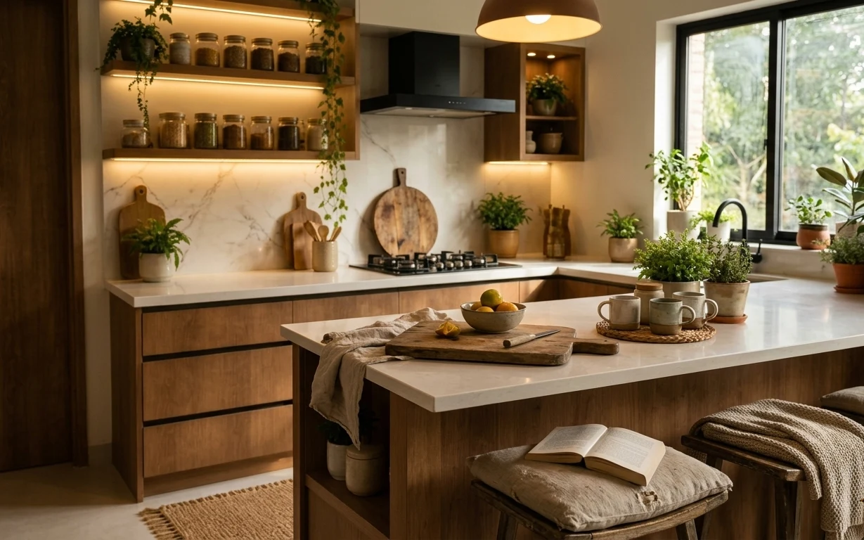 Warm modern kitchen with wood cabinetry, marble-look backsplash, plants on counters, jute rug, and pendant light over the peninsula