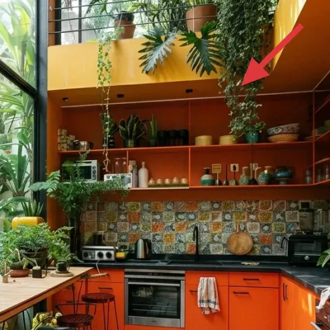 hanging plant near the kitchen shelves