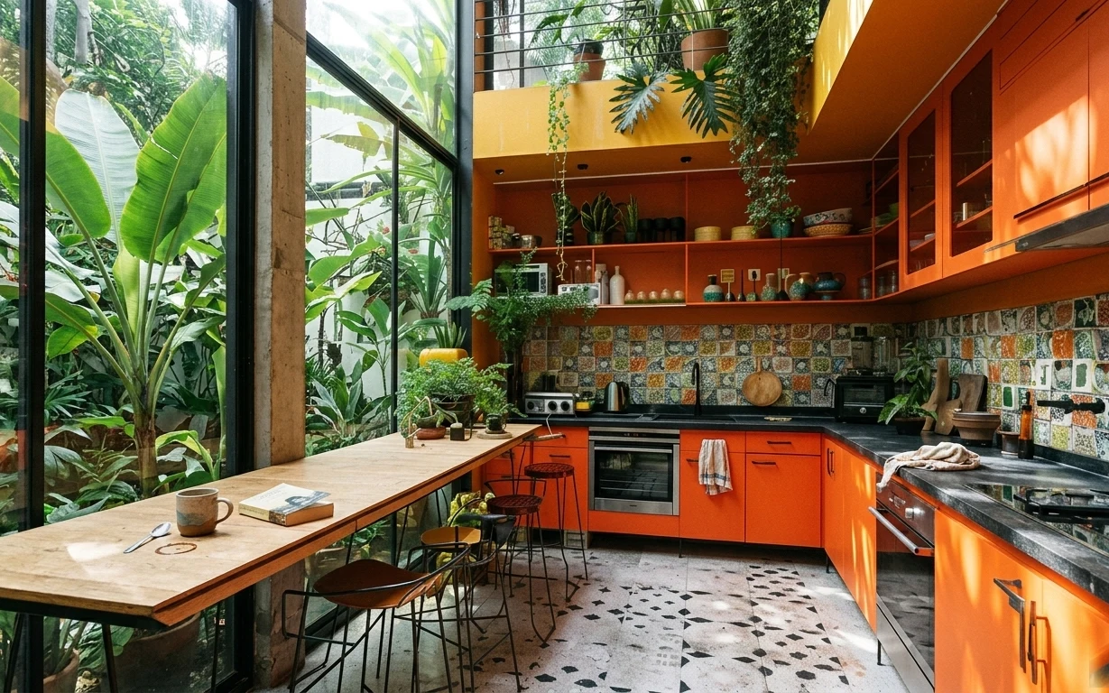 Bright kitchen with orange cabinetry, mosaic backsplash, wood island, patterned rug, and lush window plants
