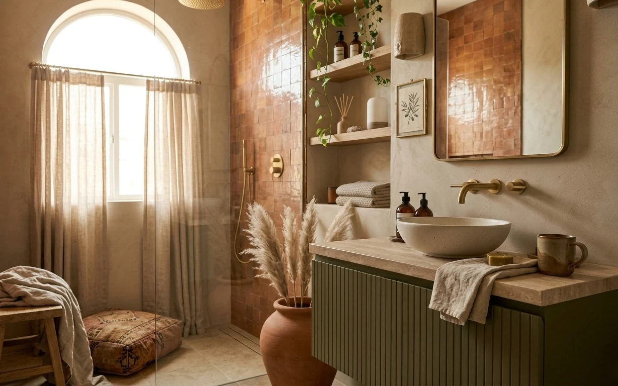 Warm terracotta bathroom with beige shower curtain, brass wall sconce, framed mirror, vanity tray, and dried pampas in a vase