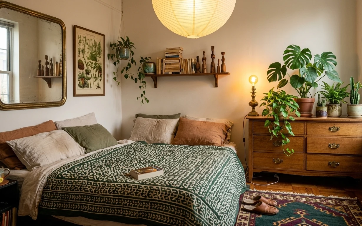 Cozy bedroom with green patterned throw, rug, brass lamp, monstera plants, and framed botanical wall art