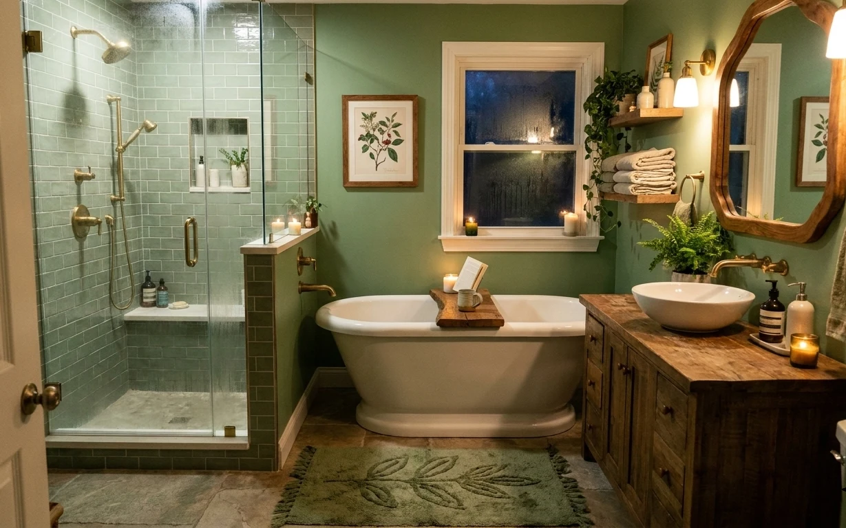 Spa-style bathroom with green walls, tile shower, oval mirror, folded towels, candle jars, greenery, and a muted green rug